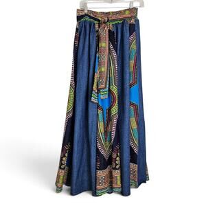 NF Womens African Dashiki Patchwork Denim Maxi Skirt Free Size Cotton Boho
